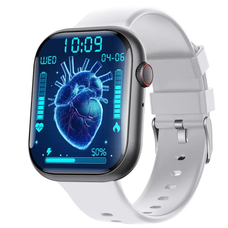 F70 smart watch with blood sugar monitoring displaying heart health metrics on a 2.1-inch screen.