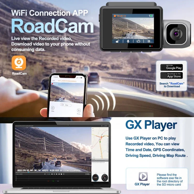 M700A 3 Channels Car Recorder 4K UHD Front+1080P Inside+2K Rear+GPS+WIFI Dash Cam, M700A