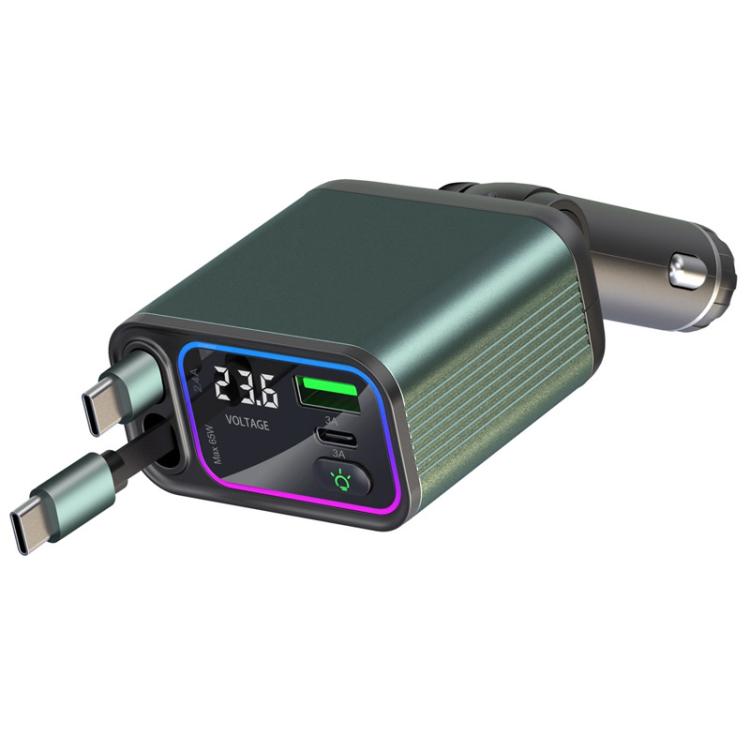 Dual Retractable Cable Auto Stowage Running Ambient Light Voltage Display Car Charger, Type-C+Type-C, Type-C+8 Pin