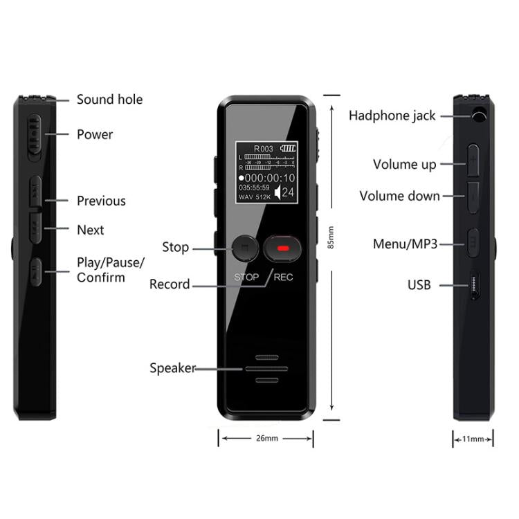 0.9-inch LCD Screen Interview Mini HD Recorder USB Charging MP3 Player, 8GB, 16GB, 32GB, 64GB