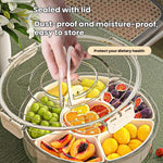 360-Degree Rotating 6-Compartment Snack Tray with Handle & Airtight Lid – Round Portable Food Storage Container for Fruits, Nuts, Candy, 6-Compartment