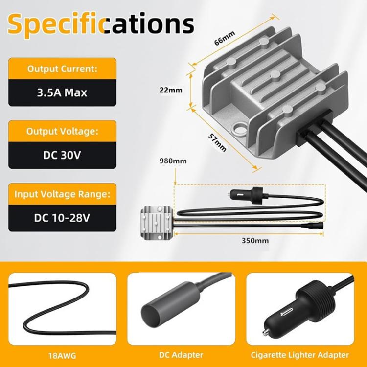 Power Converter Car Charger Cigarette Lighter, 12V / 24V To 30V 3.5A With 1m Car Charger