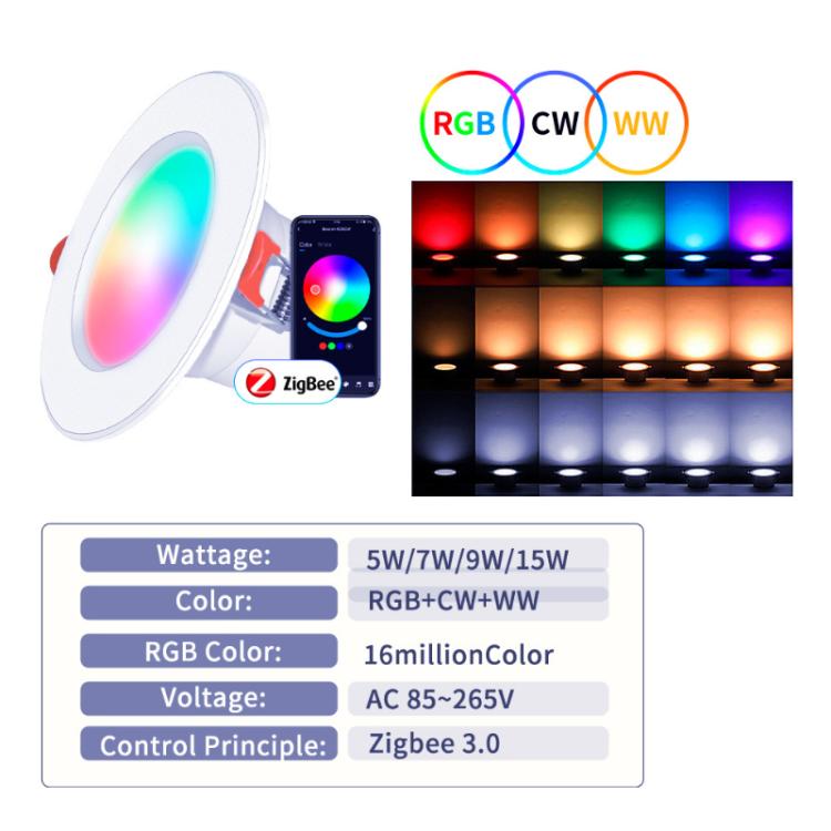 Compatible with Tuya Zigbee Recessed Ceiling Light RGB+CW+WW Dimmable LED Downlight, 7W 3.5inch