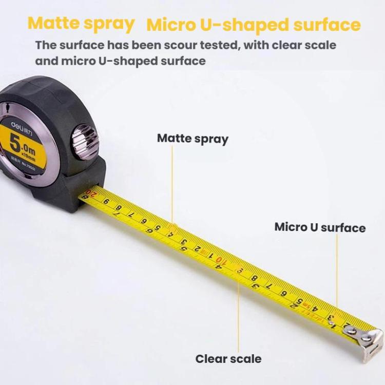Self-Locking Steel Tape Measure TPR Covered Measuring Ruler, Deli 79550 3m x 16mm, Deli 79551 5m x 19mm, Deli 79552 7.5m x 25mm, Deli 79553 10m x 25mm