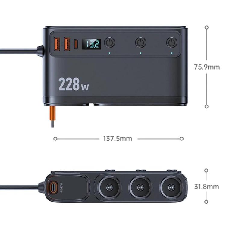 228W Car Cigarette Lighter Retractable Cable 3 In 1 Fast-Charging Car Charger With Independent Switches, C35L