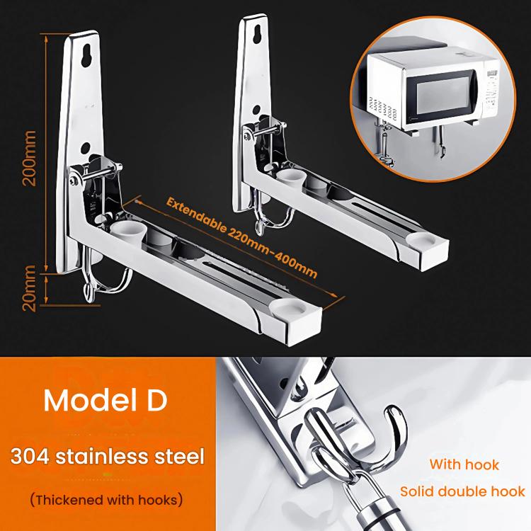 Adjustable Wall-Mounted Microwave Shelf 304 Stainless Steel Kitchen Organizer with Dual Hooks