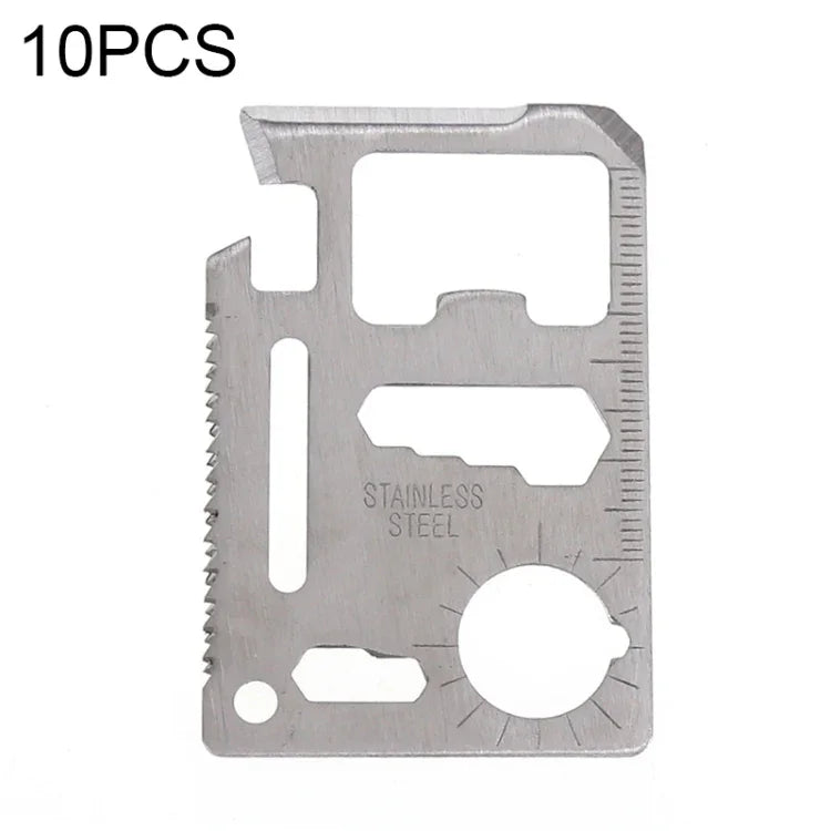 100 PCS 11 in 1 Outdoor Portable Multi-function Stainless Steel Hollow Tool Card Cutter with Leather Case, Size: 6.9 x 4.5cm, 10 PCS