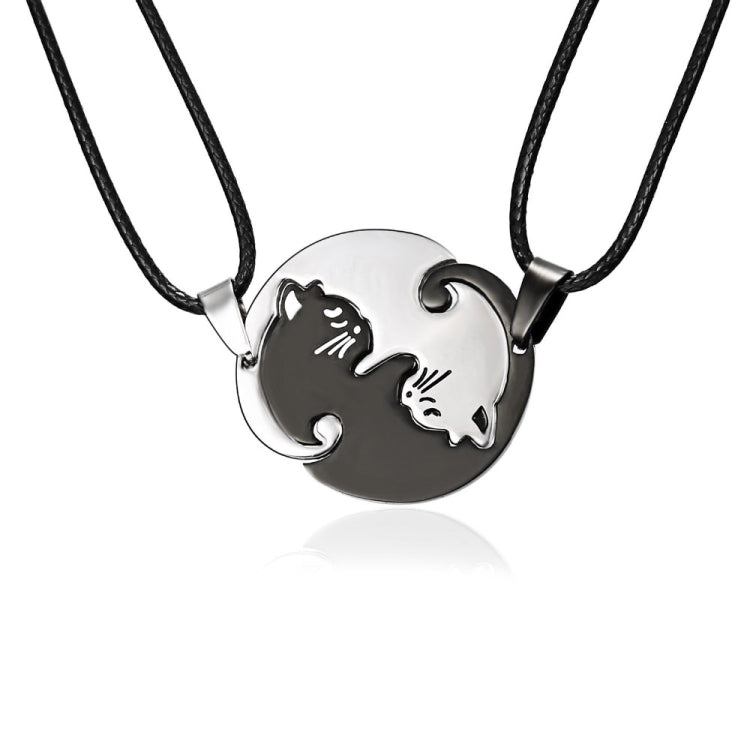 Couples Jewelry Necklaces Titanium Steel Animal Cat Pendants Necklace, White and Black Cat with Metal Chain, White and Black Cat with Leather Cord