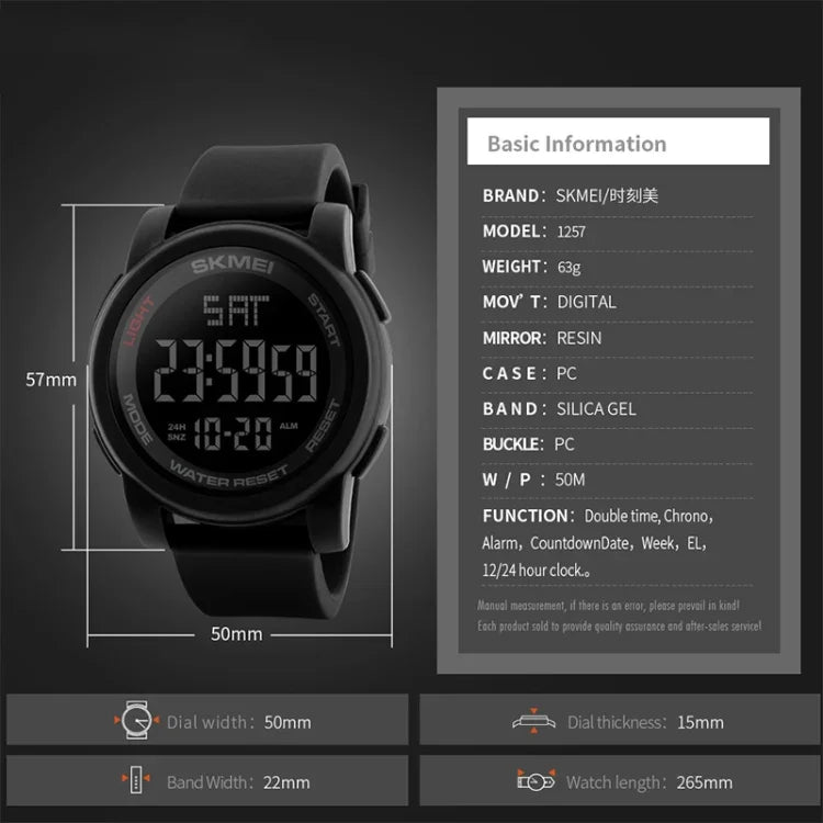 SKMEI 1257 Men Fashionable Outdoor 50m Waterproof Digital Watch Sports Wrist Watch