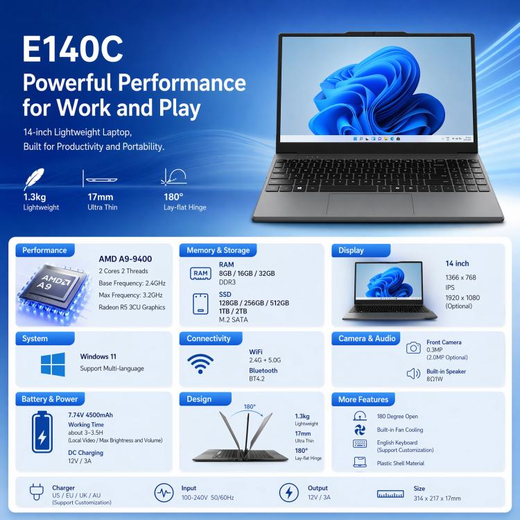E140C 14 inch Lightweight Laptop, 8GB+256GB, Windows 11 AMD A9-9400 Dual Core, US Plug, AMD A9-9400