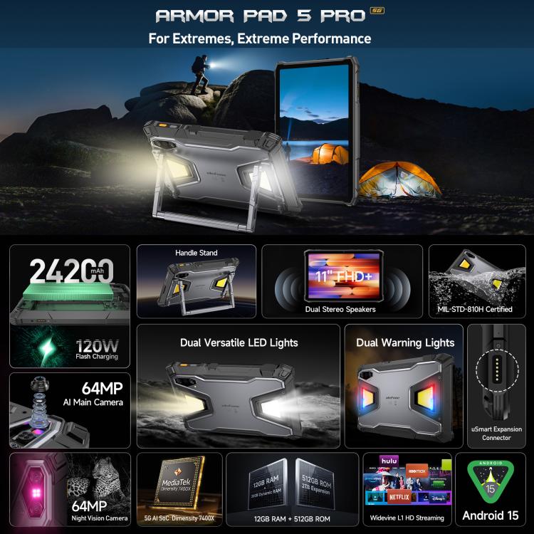 Ulefone Armor Pad 5 Pro Rugged Tablet PC, 12GB+512GB, 11 inch Android 15 MediaTek Dimensity 7400X Octa Core 5G Network, EU Plug, Armor Pad 5 Pro