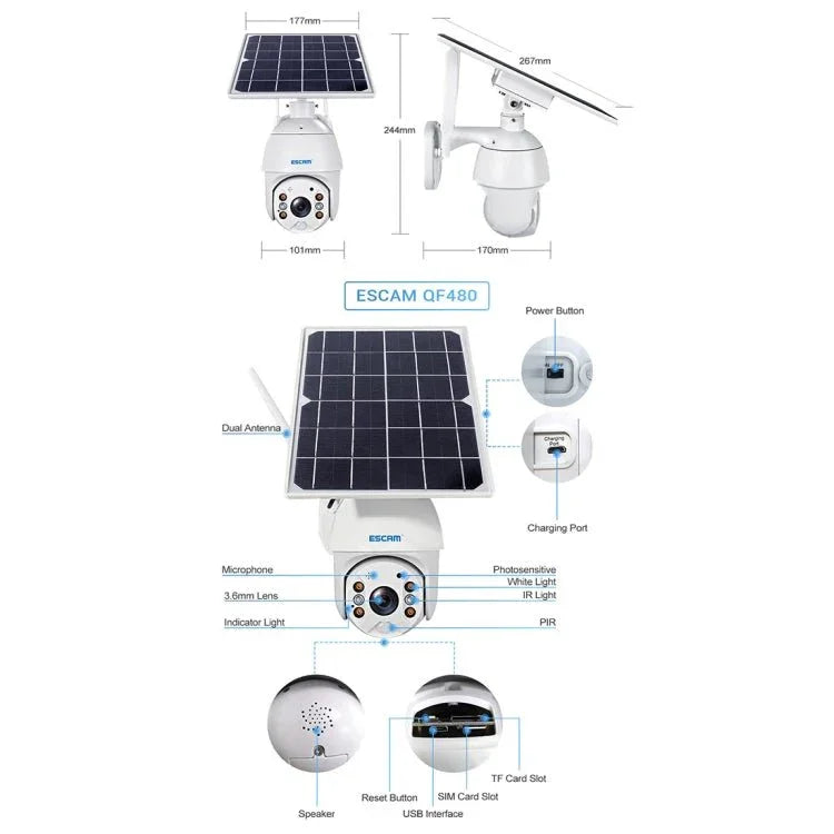 ESCAM QF480 EU Version HD 1080P IP66 Waterproof 4G Solar Panel PT IP Camera without Battery, Support Night Vision / Motion Detection / TF Card / Two Way Audio - Trustpick