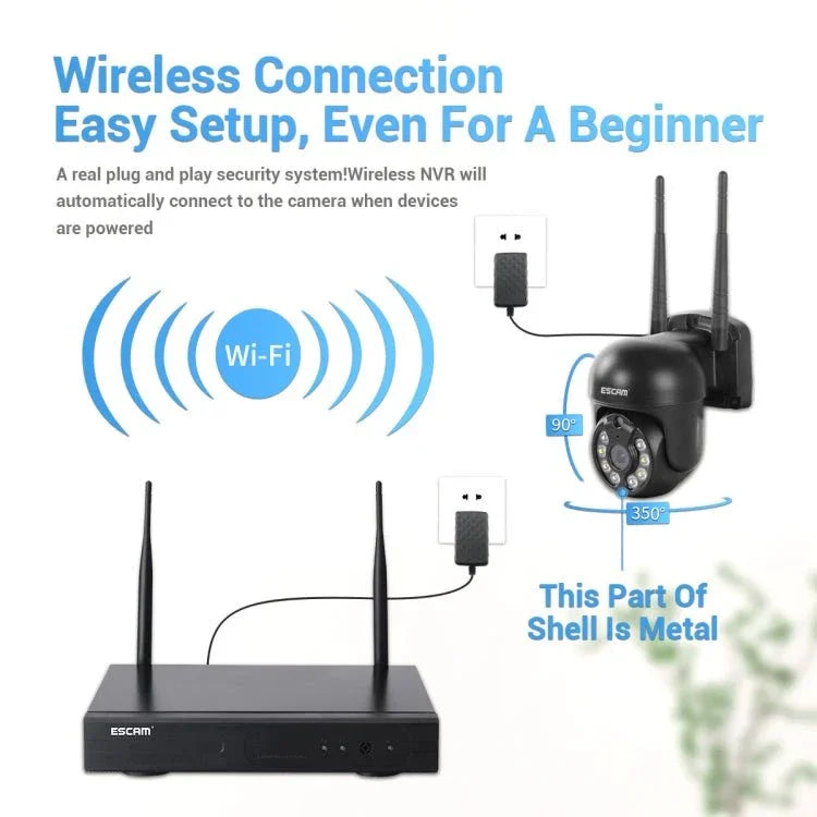 ESCAM WNK618 3.0 Million Pixels 8 - channel Wireless Dome Camera HD NVR Security System, Support Motion Detection & Two - way Audio & Full - color Night Vision & TF Card, EU Plug - Trustpick